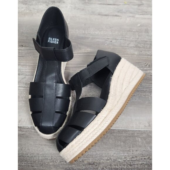 Eileen Fisher Shoes - Eileen Fisher Women's Sz. 8 Espadrille Black Leather Wedge Sandals NWOT